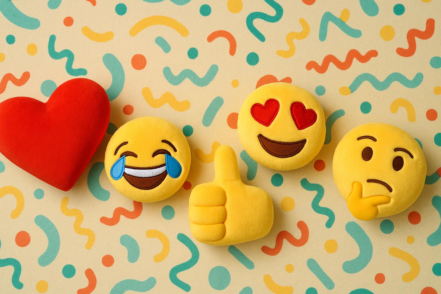 Poziome zdjęcie z zabawnym, wielokolorowym tłem i pięcioma w pełni widocznymi pluszowymi emojami: czerwonym sercem, śmiejącą się buźką ze łzami, uniesionym kciukiem, buźką z sercowymi oczami oraz myślącą buźką.