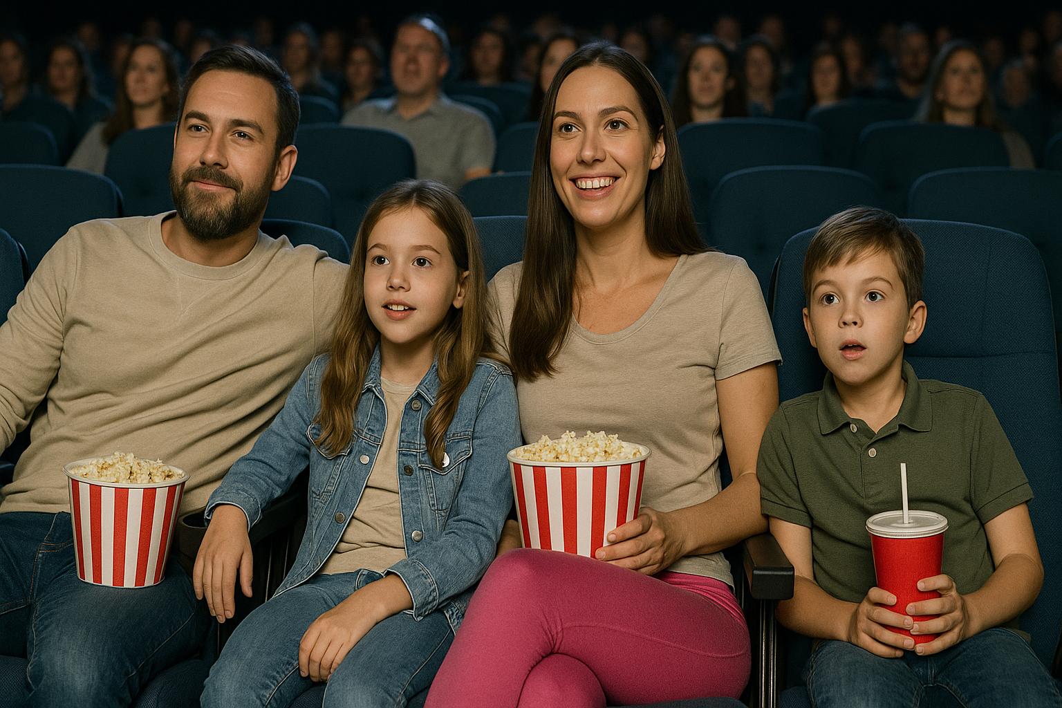 Czteroosobowa rodzina siedzi w wygodnych fotelach kinowych; ojciec obok córki, po prawej matka w różowych legginsach trzyma kubełek popcornu, obok niej syn z napojem — wszyscy z zaangażowaniem oglądają film.