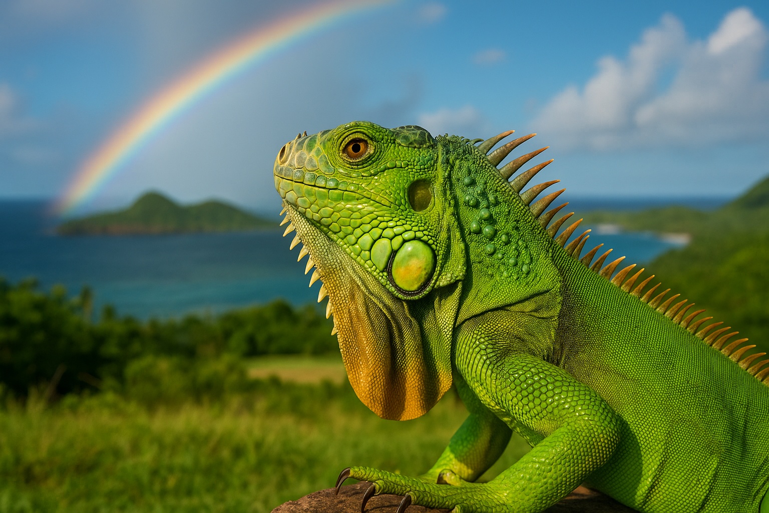 Zielona iguana z pomarańczowym podgardlem siedzi na tle tropikalnego krajobrazu z morzem, wyspą i pełną tęczą na niebie; całość w intensywnych, nasyconych kolorach.