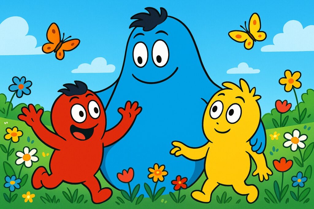 Bajkowa ilustracja z niebieskim tatą i dwoma synami – czerwonym i żółtym – stojącymi razem na łące pełnej kwiatów, w stylu inspirowanym Barbapapą