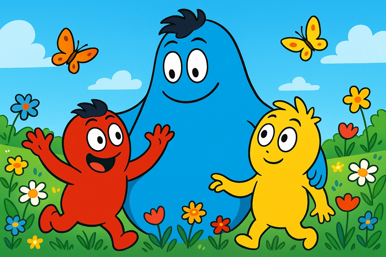Bajkowa ilustracja z niebieskim tatą i dwoma synami – czerwonym i żółtym – stojącymi razem na łące pełnej kwiatów, w stylu inspirowanym Barbapapą