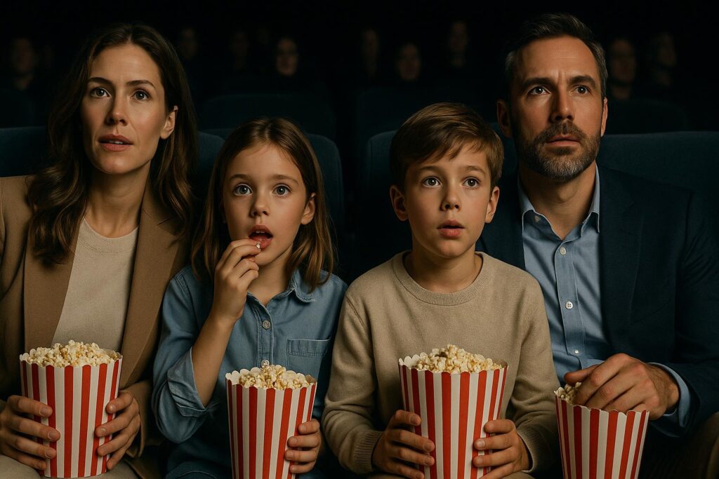 Rodzice i dwoje dzieci siedzą w kinie na szerokiej, horyzontalnej fotografii, każdy trzymający dużą, czerwono-białą tubę z popcornem. Matka po lewej w beżowym żakiecie, obok córka w niebieskiej koszuli z otwartymi ustami, dalej syn w beżowym swetrze, a po prawej ojciec w granatowej marynarce i niebieskiej koszuli. Za nimi rozmyte fotele innych widzów i klimatyczne, miękkie oświetlenie.