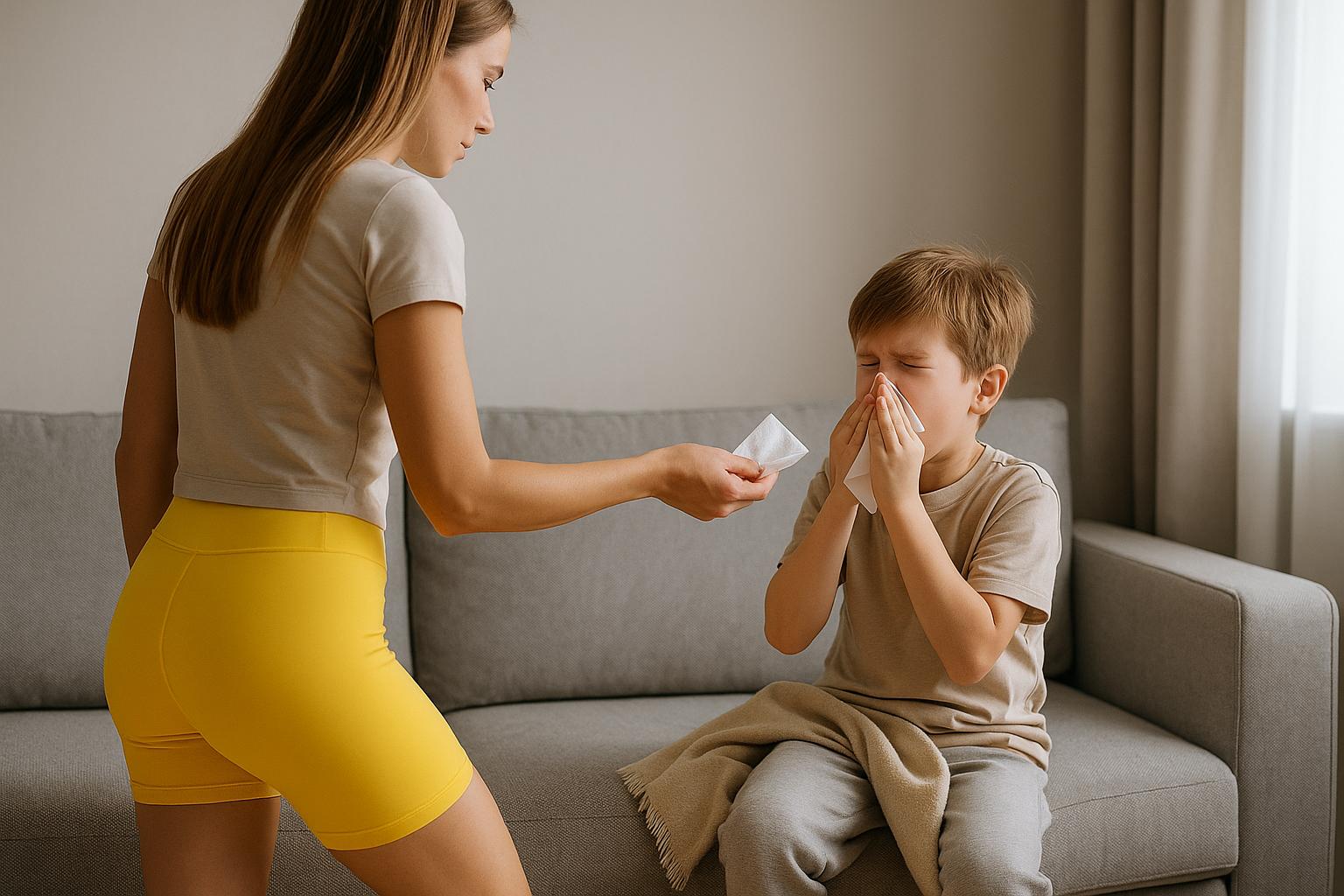 Młoda mama, widoczna z tyłu, podaje chusteczkę kichającemu dziecku siedzącemu na sofie w jasnym, nowoczesnym salonie. Dziecko trzyma chusteczkę przy nosie i wygląda na przeziębione. Całość utrzymana w ciepłej, spokojnej tonacji z naturalnym światłem wpadającym przez okno. Scena wygląda jak z ekskluzywnego magazynu o stylu życia.