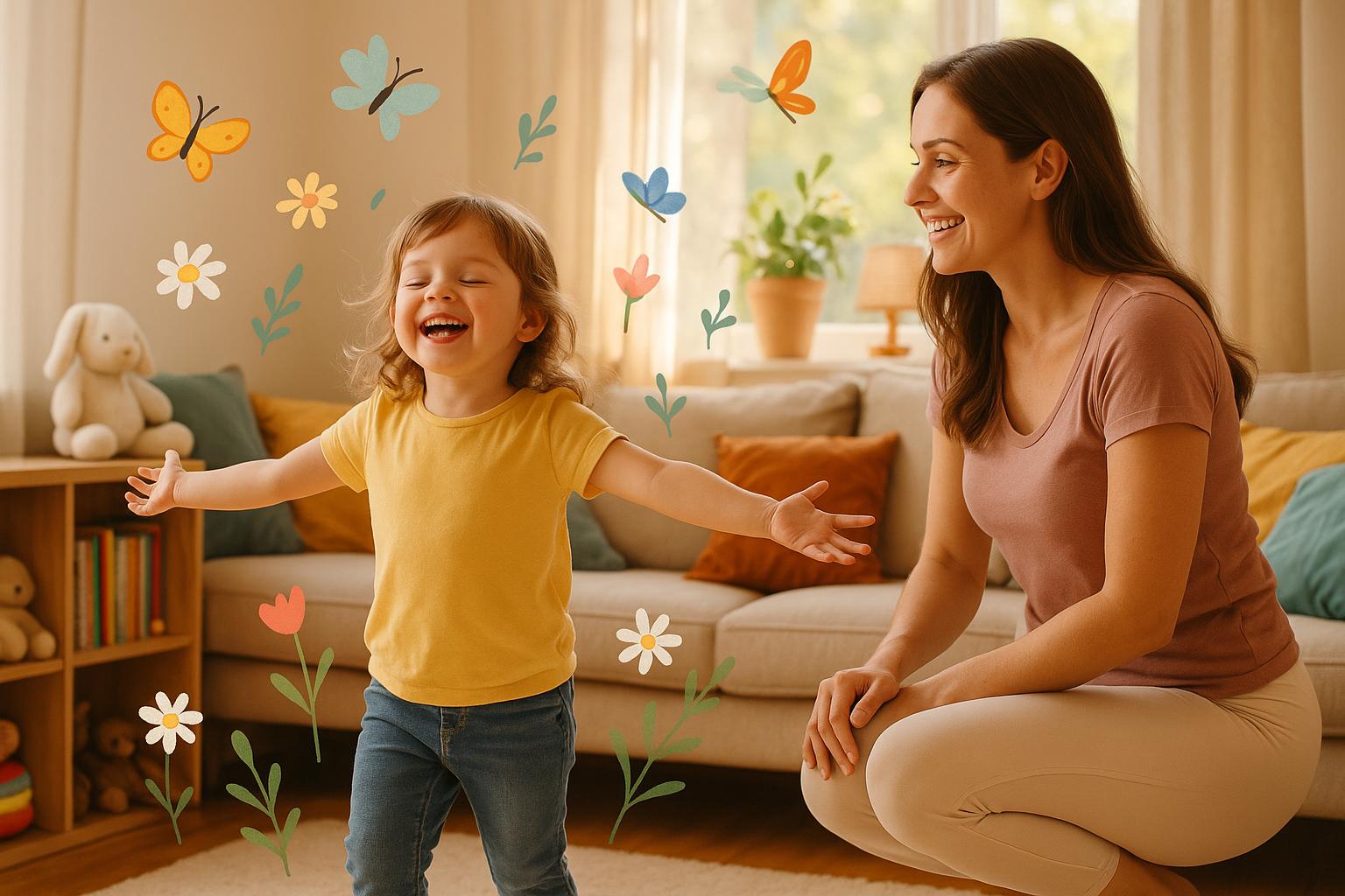 Mama z czułością obserwuje swoje dziecko w przytulnym, bajkowo oświetlonym salonie. W tle kolorowe poduszki, półki z książkami i zabawkami, a ciepłe światło wpada przez firanki, tworząc atmosferę znaną z dziecięcych bajek. Ekran nie jest widoczny. Mama z czułością obserwuje swoje dziecko w przytulnym, bajkowo oświetlonym salonie. W tle kolorowe poduszki, półki z książkami i zabawkami, a ciepłe światło wpada przez firanki, tworząc atmosferę znaną z dziecięcych bajek. Ekran nie jest widoczny.