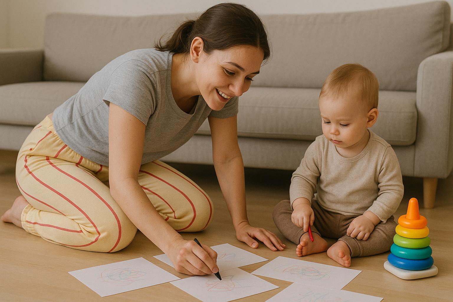 Młoda mama w jasnożółtych spodniach w czerwone paski i szarym T-shircie klęczy na podłodze w jasnym salonie, rysując z uśmiechem na kartkach papieru. Obok niej siedzi małe dziecko z kredką w ręce, skupione na rysowaniu. W tle widać szarą kanapę i kolorową zabawkę z krążkami.