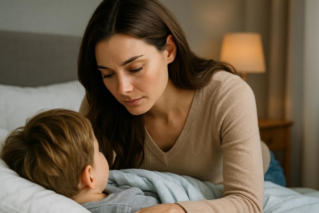 Piękna mama o długich, kasztanowych włosach w beżowym swetrze pochyla się z troską nad chorym synkiem leżącym w łóżku, owiniętym niebieskim kocykiem; scena rozgrywa się w ciepło oświetlonej sypialni.
