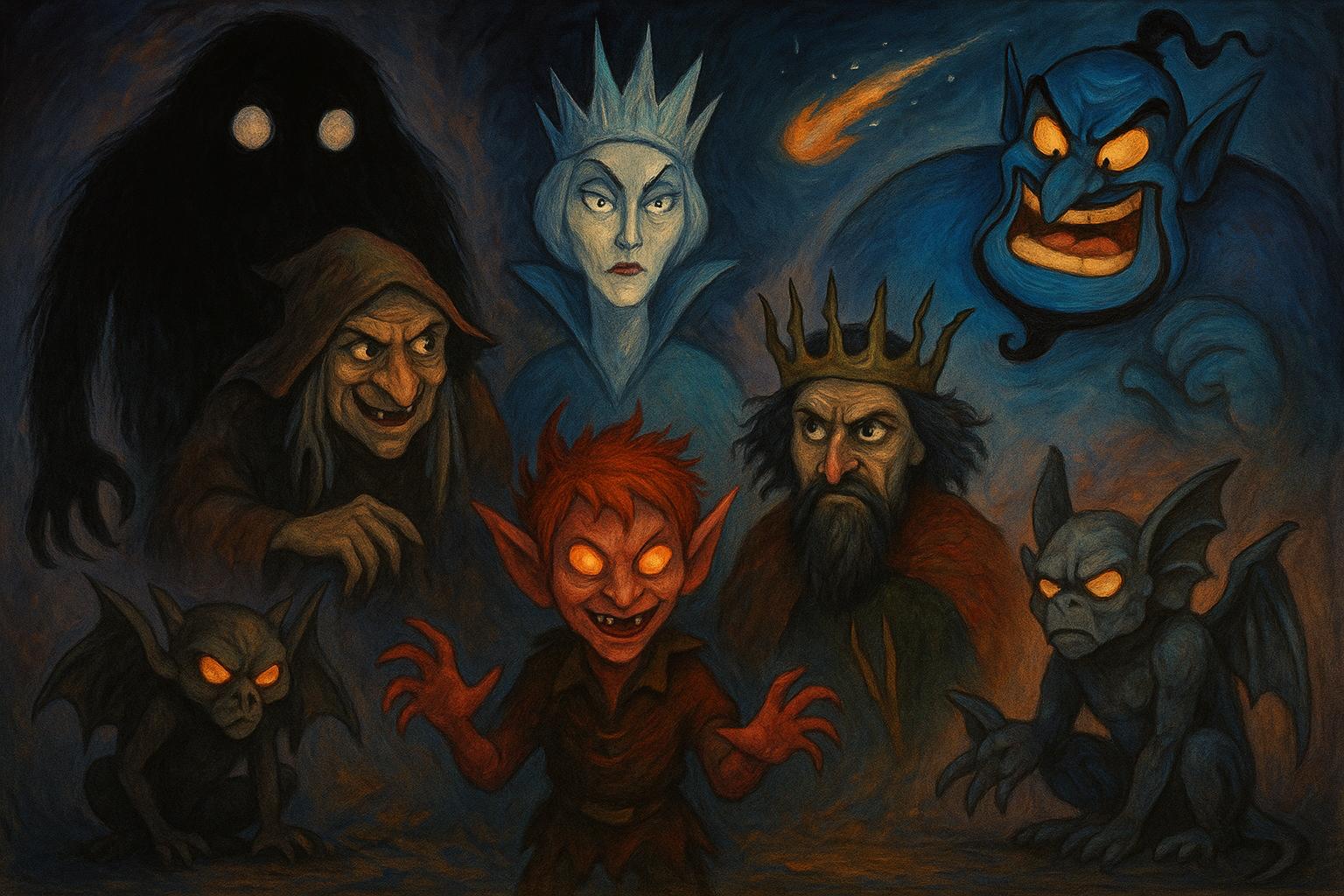 Bajkowa, ręcznie malowana ilustracja przedstawiająca zbiór przerażających postaci z dziecięcych animacji i legend. Na tle mrocznego, wirującego nieba w odcieniach granatu i fioletu stoją: cień z pustymi oczami, lodowa królowa, czarownica, upiorny elf, gargulce i mroczny król. Kompozycja ma baśniowy klimat i przypomina okładkę starej książki z legendami.