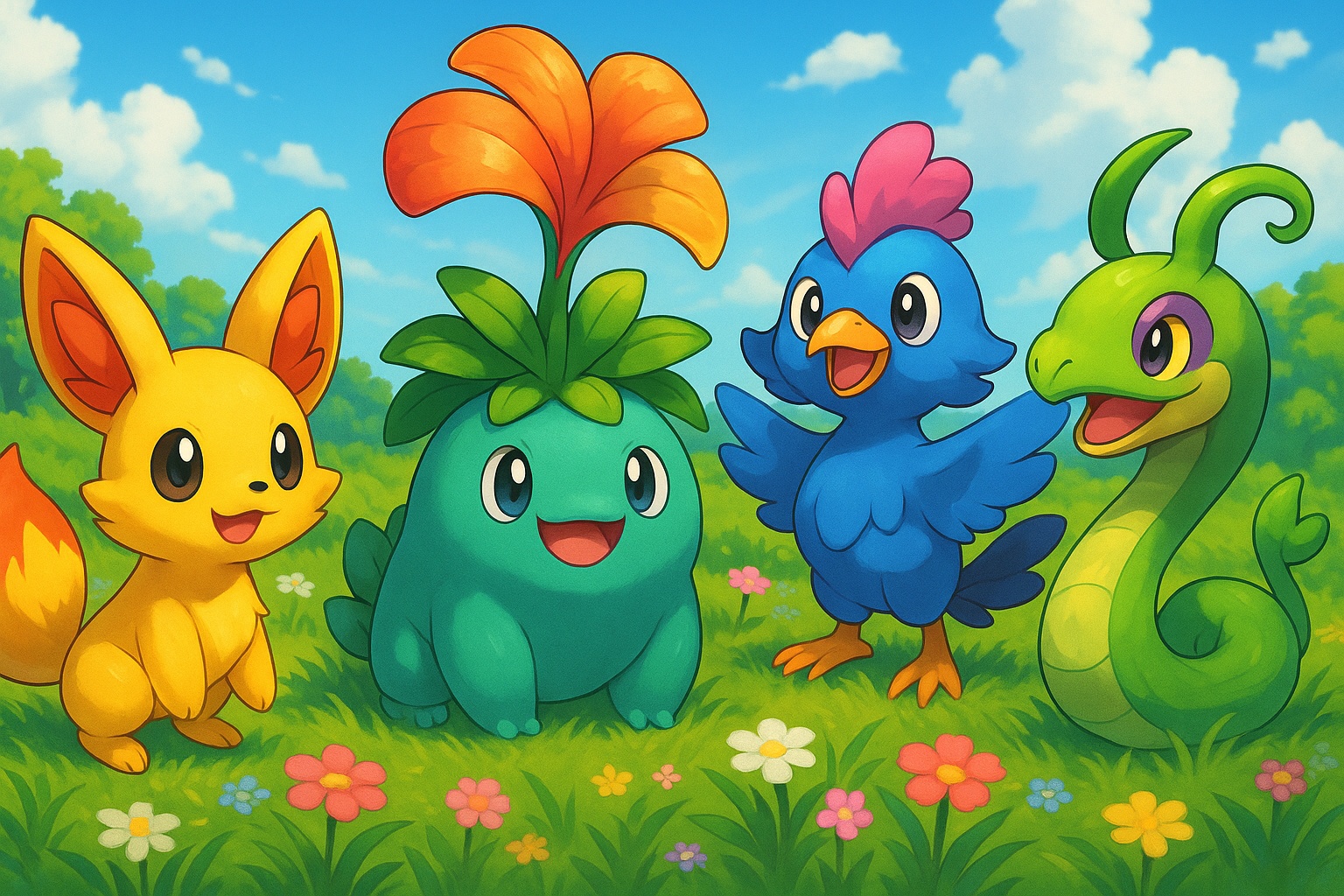 Ilustracja przedstawiająca cztery kolorowe, fantazyjne stworzenia w stylu Pokémon, stojące na łące pod kolorowym niebem. Każde z nich ma unikalny wygląd i żywe barwy, tworząc dynamiczną, przyjazną scenę idealną do quizu o fikcyjnych stworkach.