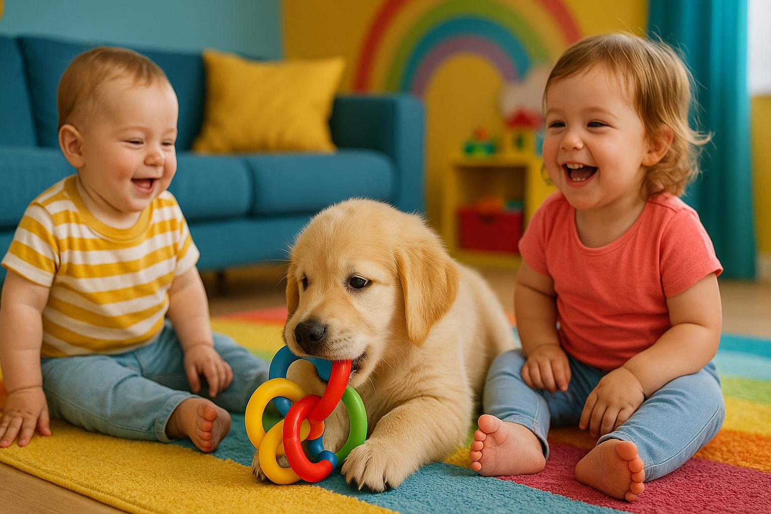 Dwoje małych dzieci siedzi na tęczowym dywanie w pokoju zabaw, podczas gdy szczeniak golden retriever gryzie kolorowy gryzak