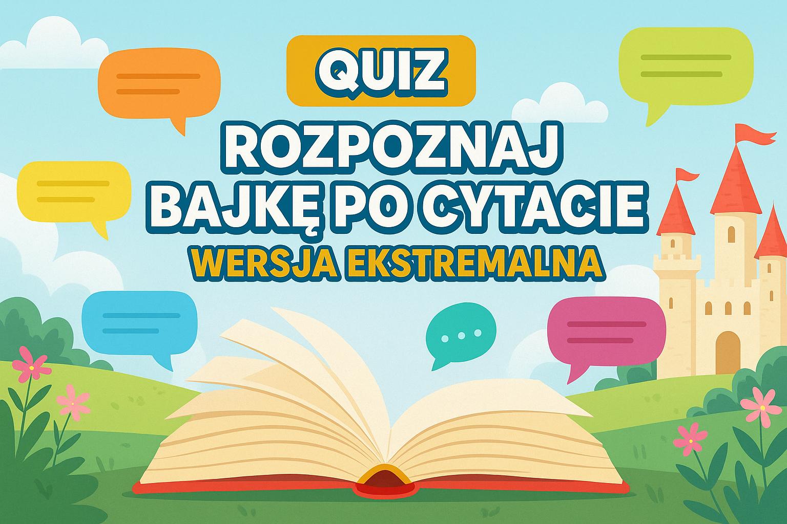 Kolorowa ilustracja promująca quiz „Rozpoznaj bajkę po cytacie – wersja ekstremalna”, przedstawiająca bajkowe symbole, dynamiczne litery i pastelowe tło w stylu retro.