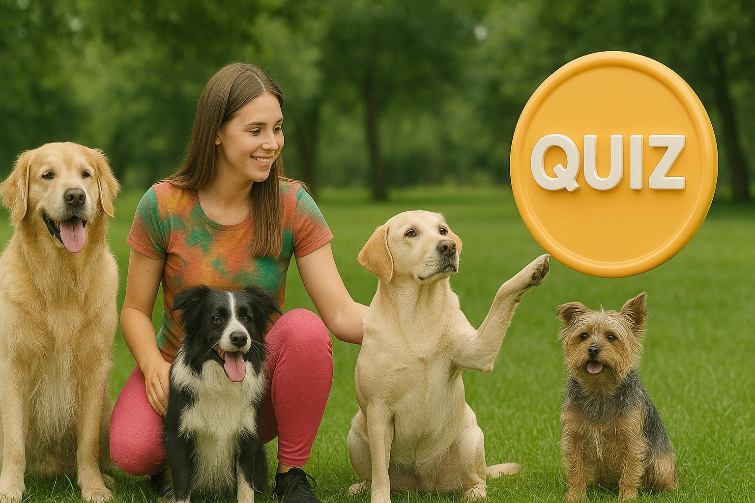 Stwórz poziome realistyczne zdjęcie do quizu wiedzy o psach, szeroko, kilka psów.