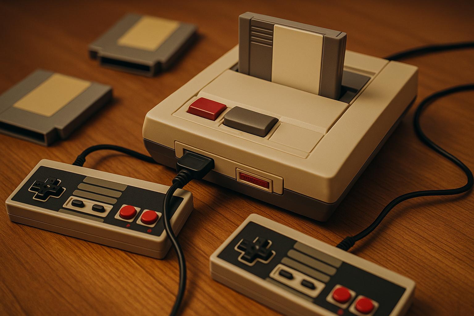 Stylizowana retro konsola do gier w klimacie Pegasusa, ustawiona na drewnianym blacie z dwoma klasycznymi padami; brak logotypów, neutralna estetyka, kolorowe i nostalgiczne tło nawiązujące do lat 90.
