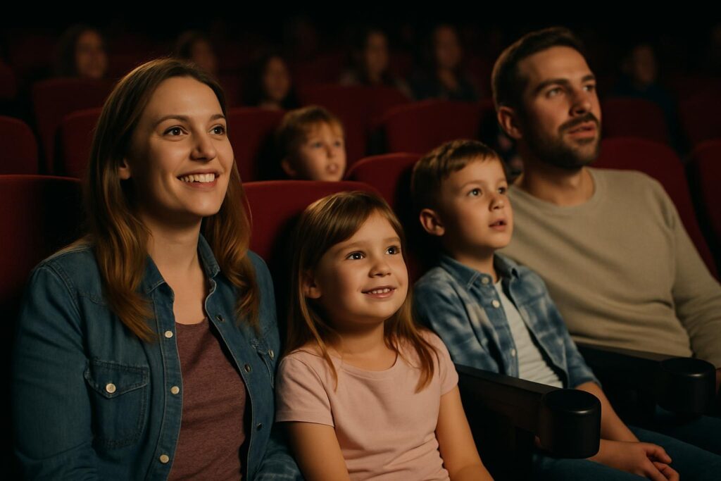 Rodzina z dziećmi oglądająca film w kinie, siedzą na czerwonych fotelach, uśmiechnięci i skupieni na ekranie. Widok z przodu, realistyczne, ciepłe światło.