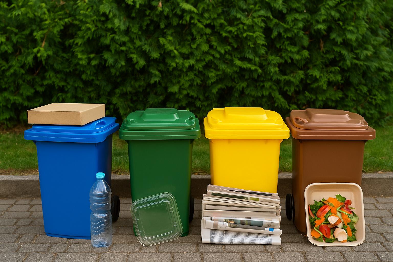 Cztery kolorowe pojemniki do segregacji odpadów ustawione na tle zielonego żywopłotu: niebieski na papier, zielony na szkło, żółty na plastik i metal, brązowy na odpady bio. Obok nich leżą przykładowe śmieci – butelka, gazety, opakowania i resztki jedzenia.