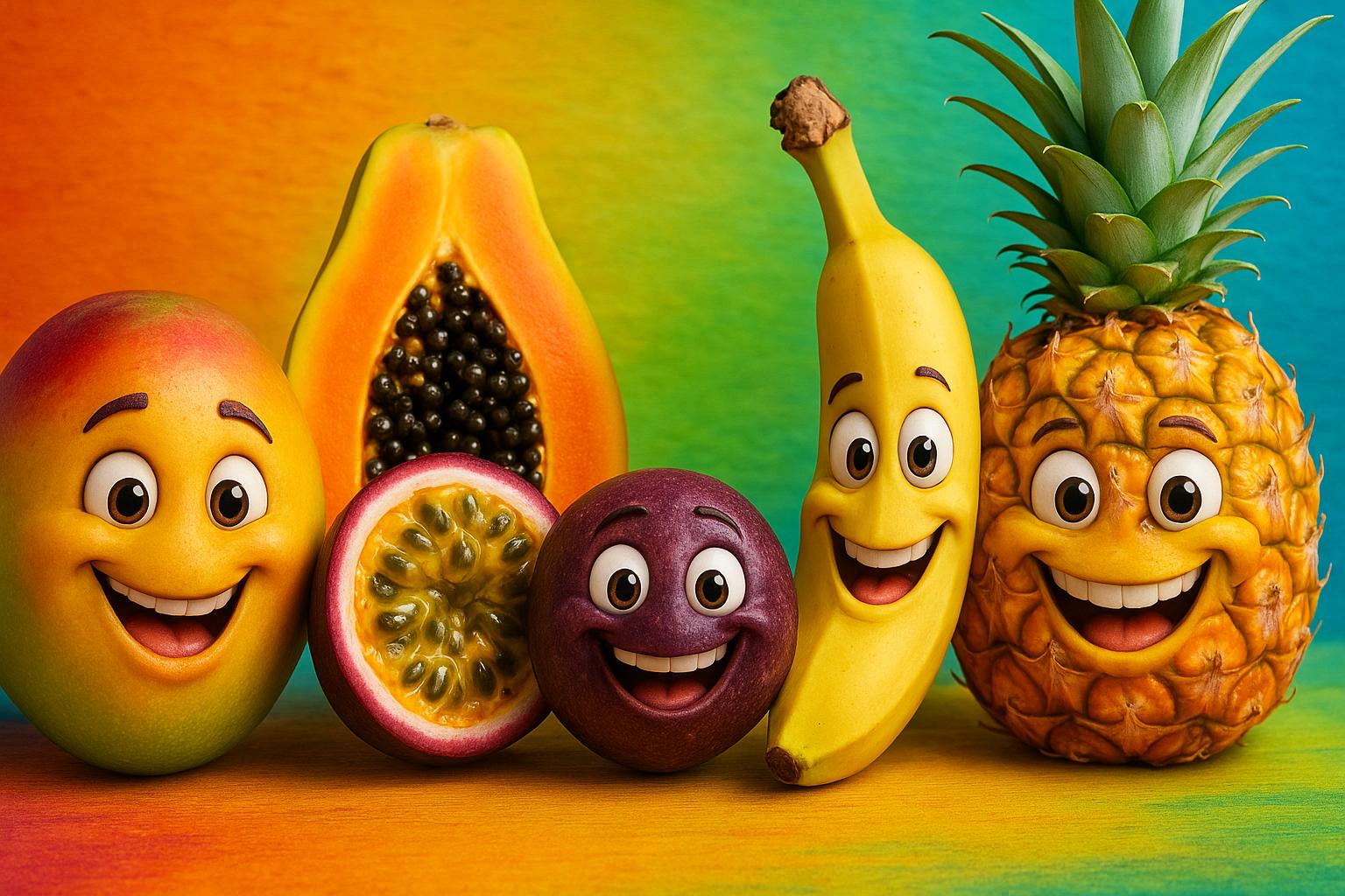 Pięć uśmiechniętych, „ożywionych” owoców – po kolei mango, papaja, marakuja, banan i ananas – ustawionych na kolorowym, gradientowym tle w intensywnych, ciepłych barwach.
