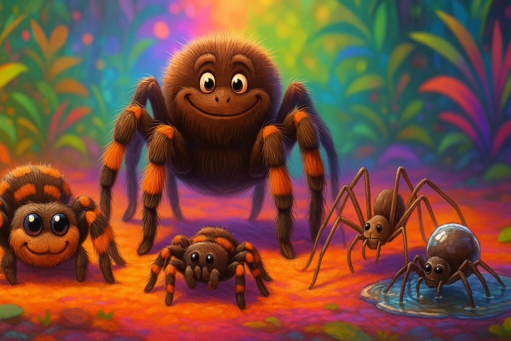Ilustracja pięciu różnych pająków ustawionych na kolorowym, tropikalnym tle: skoczek z dużymi oczami, paskowany ptasznik, ogromny Goliath birdeater, domowy pająk i wodnik z bąbelkiem powietrza na odwłoku