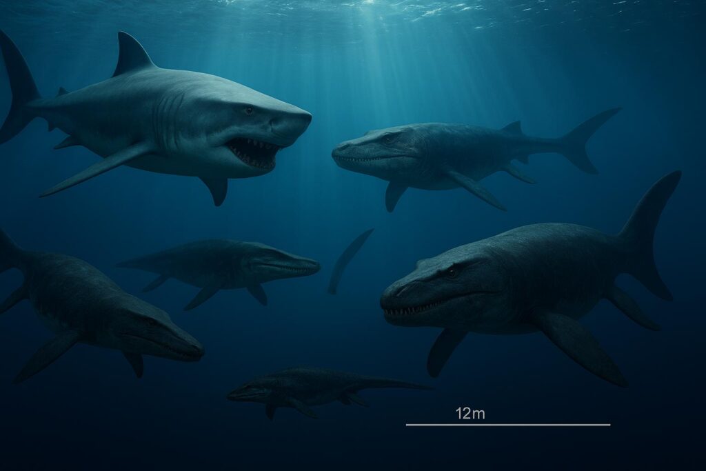 Documentary-style underwater scene showing five prehistoric marine predators—an 18 m Megalodon, 15 m Mosasaurus, 12 m Pliosaurus, 10 m Kronosaurus, and 6 m Liopleurodon—swimming side by side in deep blue ocean with light rays piercing the water and a 12 m scale bar at the bottom