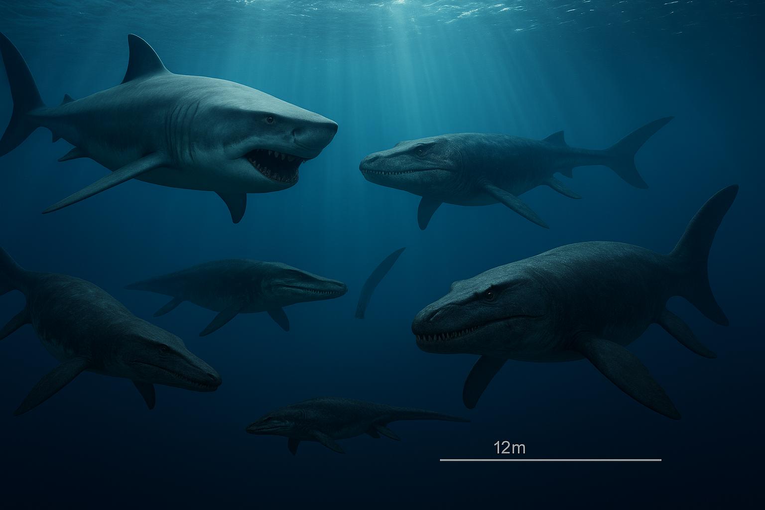 Documentary-style underwater scene showing five prehistoric marine predators—an 18 m Megalodon, 15 m Mosasaurus, 12 m Pliosaurus, 10 m Kronosaurus, and 6 m Liopleurodon—swimming side by side in deep blue ocean with light rays piercing the water and a 12 m scale bar at the bottom