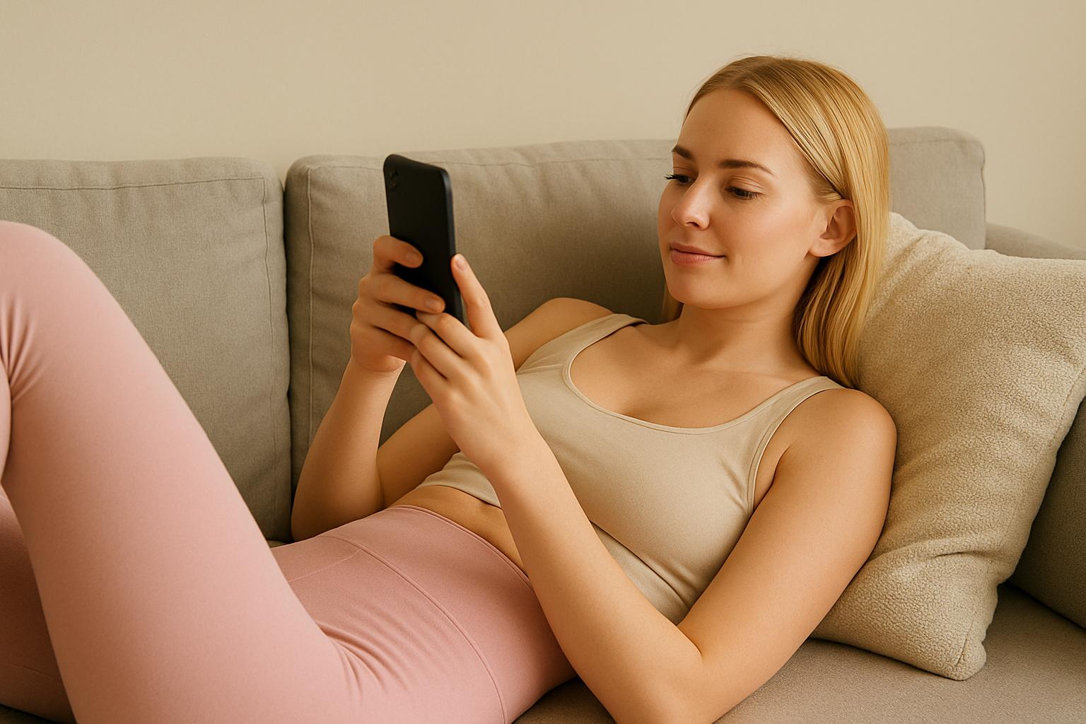 Młoda blondynka w beżowym topie i różowych legginsach leży wygodnie na jasnoszarej sofie, trzymając w dłoniach smartfon do zdalnego sterowania ogrzewaniem. Wnętrze jest jasne, nowoczesne i przytulne.