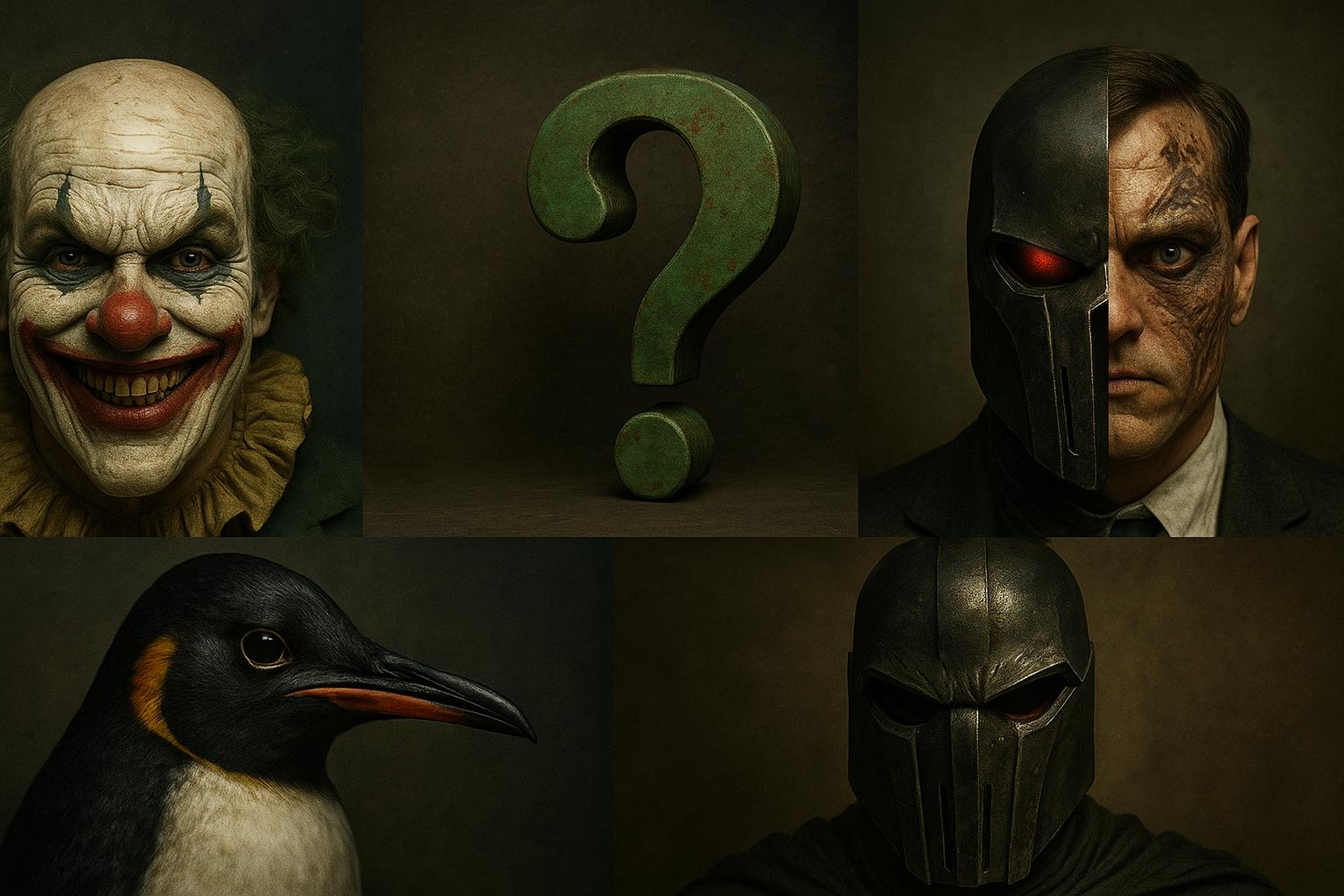 Pięć symbolicznych portretów złoczyńców DC Comics na ciemnym tle – klaun z przerażającym uśmiechem (Joker), zielony znak zapytania (Człowiek Zagadka), realistyczny pingwin (Pingwin), mroczny hełm bojowy z czerwonymi oczami (Generał Zod), oraz mężczyzna o dwóch kontrastujących połowach twarzy (Dwie Twarze).