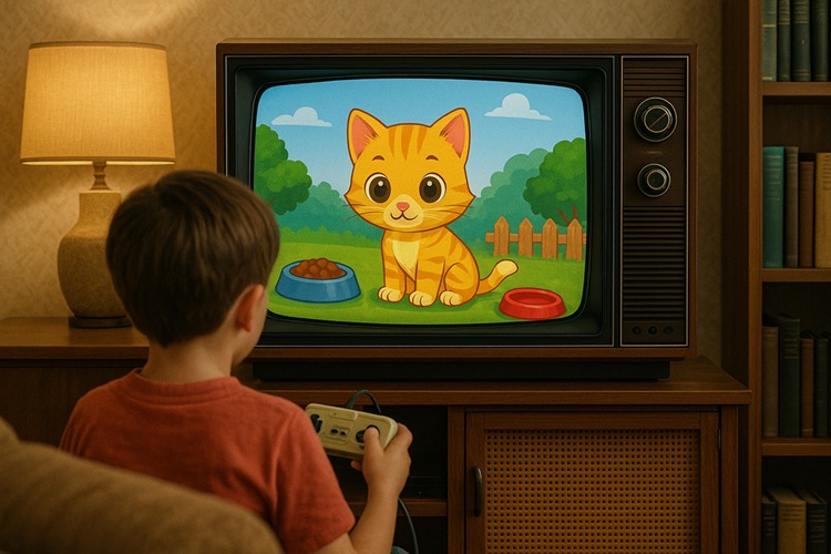 Dziecko siedzi na kanapie w stylu PRL i gra na retro konsoli w grę o opiece nad zwierzętami, widoczną na ekranie starego telewizora kineskopowego. Dziecko siedzi na kanapie w stylu PRL i gra na retro konsoli w grę o opiece nad zwierzętami, widoczną na ekranie starego telewizora kineskopowego.