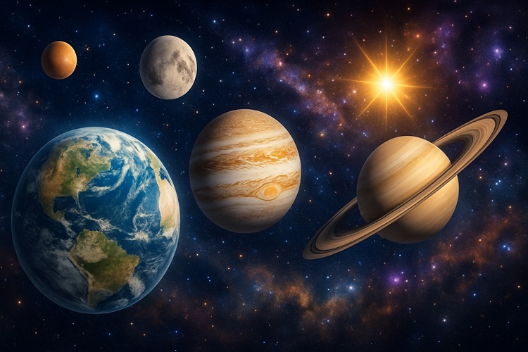 Kolorowa ilustracja planet Układu Słonecznego na tle gwiazd i galaktyk – Ziemia, Jowisz, Saturn, Mars, Księżyc i Słońce w realistycznym ujęciu kosmosu.