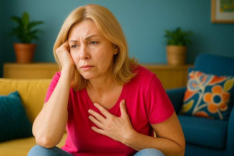 Kobieta w średnim wieku z objawami menopauzy siedząca w kolorowym salonie, zamyślona i zmartwiona