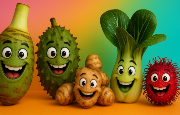 Na kolorowym tle stoją uśmiechnięte egzotyczne warzywa: kolokazja jadalna, chlebowiec różnolistny, słonecznik bulwiasty, kapusta chińska pak choi i rambutan.