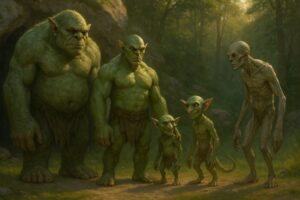 Zdjęcie przedstawiające trolla, orka, goblina, kobolda i ghula stojących razem w lesie