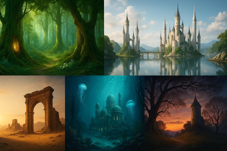 Na ilustracji pięć baśniowych krain fantasy: zaczarowany las Sylvarii, zamglona twierdza Lirien, pustynne ruiny Ashkaru, podwodne miasto Aqueluny i melancholijny zmierzch w Varnhold – każda z nich przedstawiona w innym stylu i świetle.