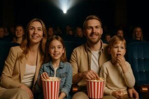 Rodzina w kinie – mama, tata, córka i syn siedzą razem na fotelach, uśmiechnięci i zajadający popcorn podczas seansu filmowego w jasnej, przyjaznej sali kinowej.