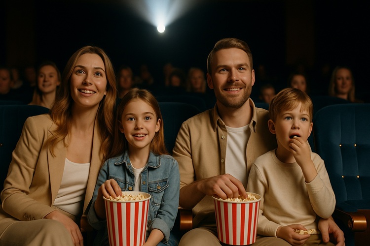 Rodzina w kinie – mama, tata, córka i syn siedzą razem na fotelach, uśmiechnięci i zajadający popcorn podczas seansu filmowego w jasnej, przyjaznej sali kinowej.
