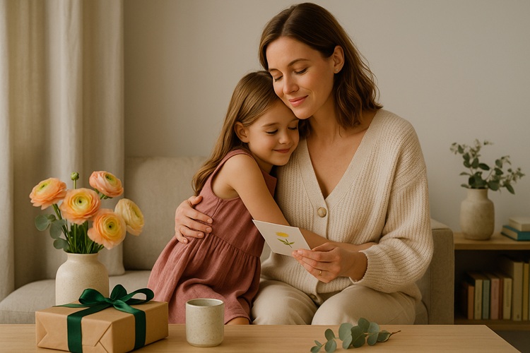 Mama minimalistka z córką podczas wspólnego świętowania – prezent w stylu eko, bukiet kwiatów i ręcznie wykonana kartka jako idealny pomysł na upominek.