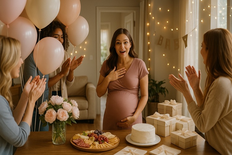 Niespodzianka baby shower – zaskoczona przyszła mama w pastelowej sali, balony, prezenty i tort, przyjaciółki klaszczą.