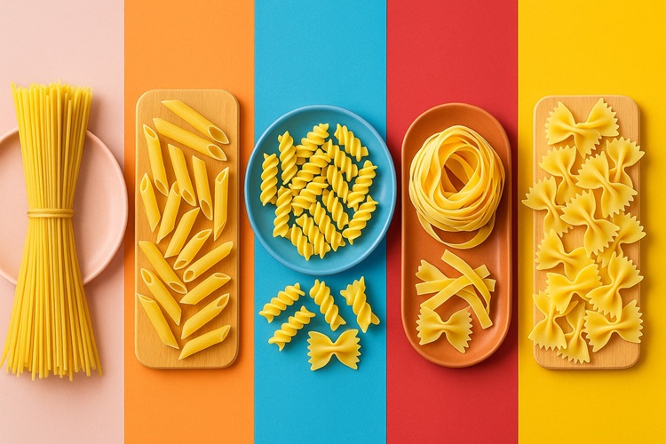 Pięć rodzajów makaronu: spaghetti, penne, fusilli, tagliatelle, farfalle – szeroki kadr na jasnym tle.