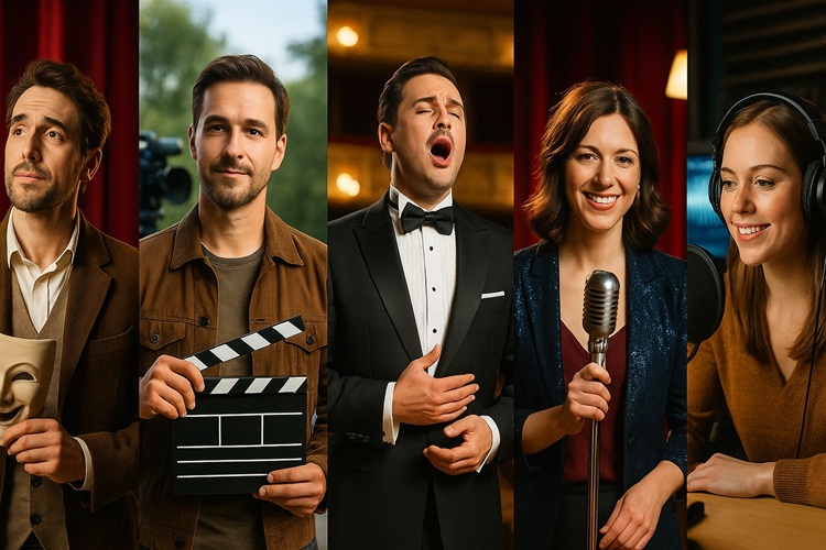 Pięciu aktorów obok siebie: teatralny, filmowy, operowy, kabaretowy i dubbingowy – szerokie, kolorowe ujęcie.