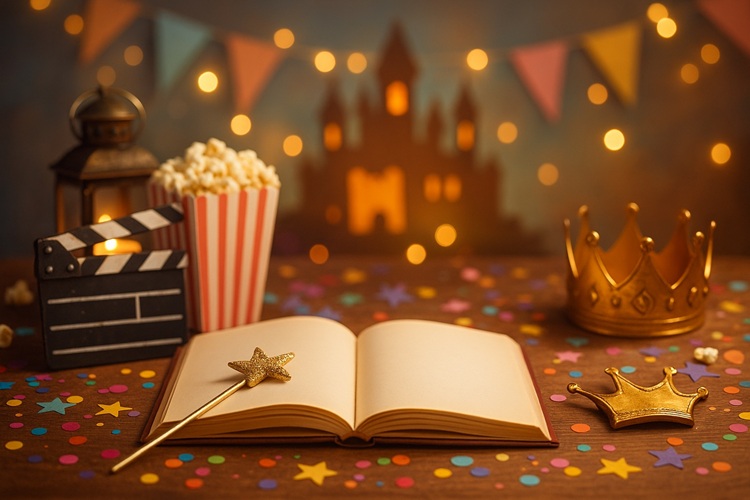 Kolorowa scena do quizu o bajkach: otwarta książka, złota korona, popcorn i klaps filmowy na drewnianym stole, tło z girlandami.