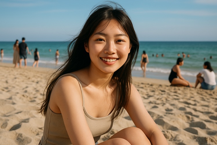 Młoda Japonka na plaży w słoneczny dzień, uśmiechnięta, na tle morza i wypoczywających ludzi.