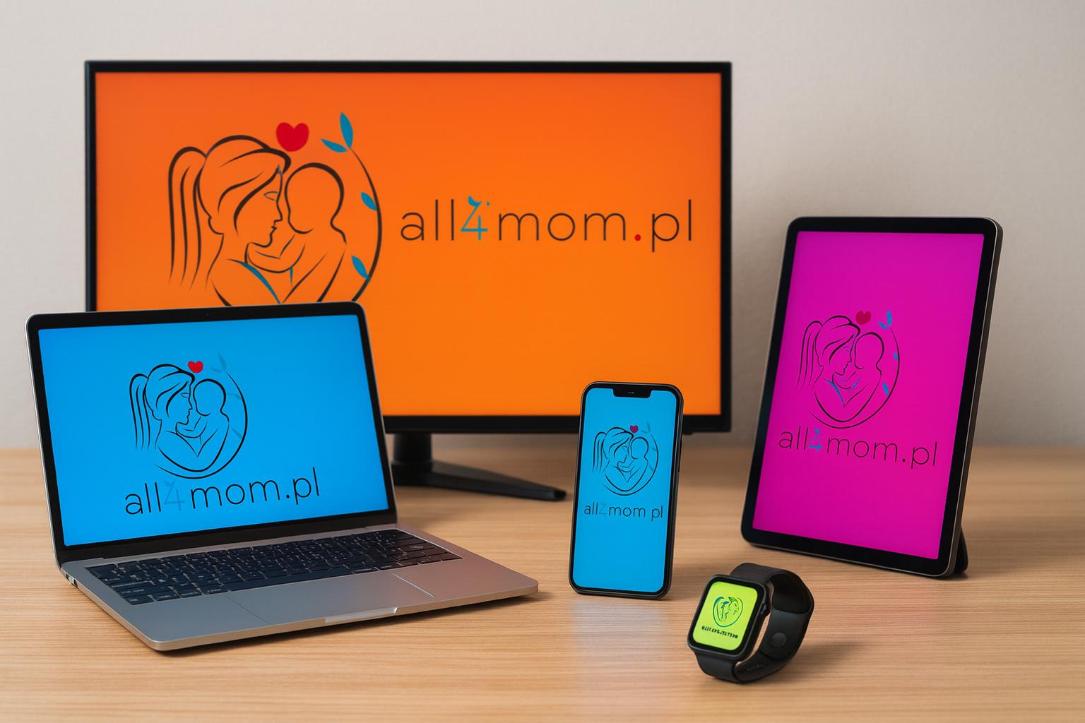 Pięć nowoczesnych urządzeń elektronicznych — telewizor, laptop, smartfon, tablet i smartwatch — stojących na drewnianym blacie, każde z wyświetlonym kolorowym logo all4mom.pl na ekranie.