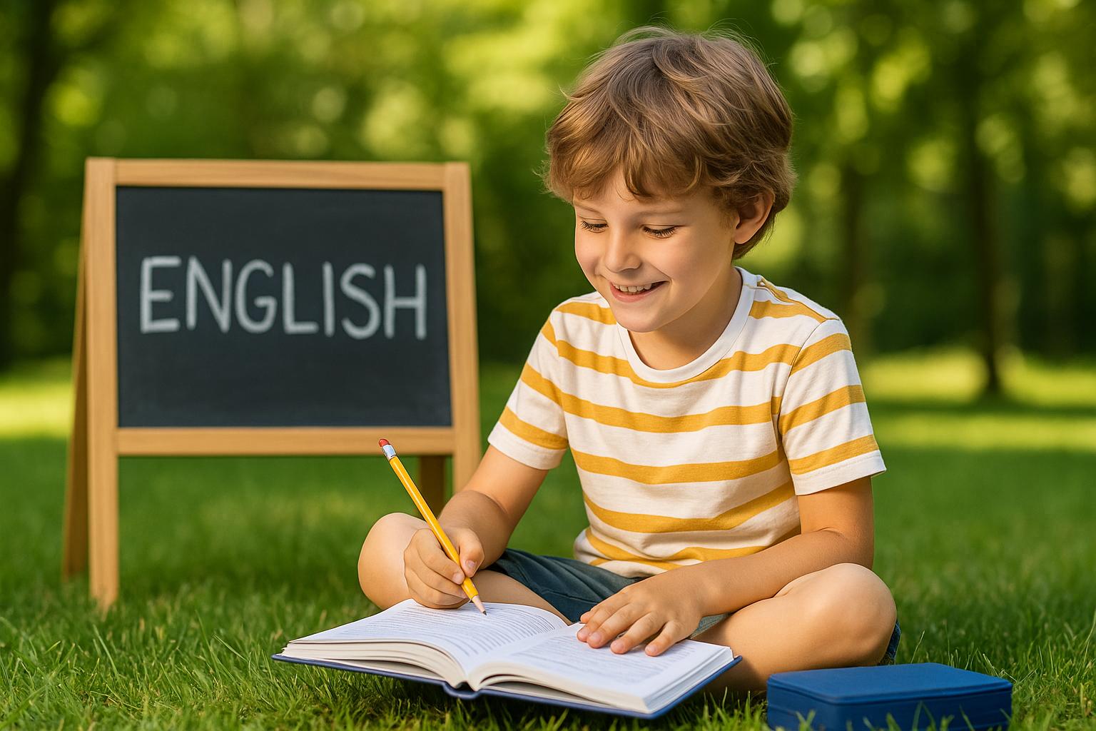 Uśmiechnięty chłopiec siedzi na trawie z zeszytem i ołówkiem, ucząc się angielskiego na świeżym powietrzu; za nim stoi tablica z napisem ‘ENGLISH’.