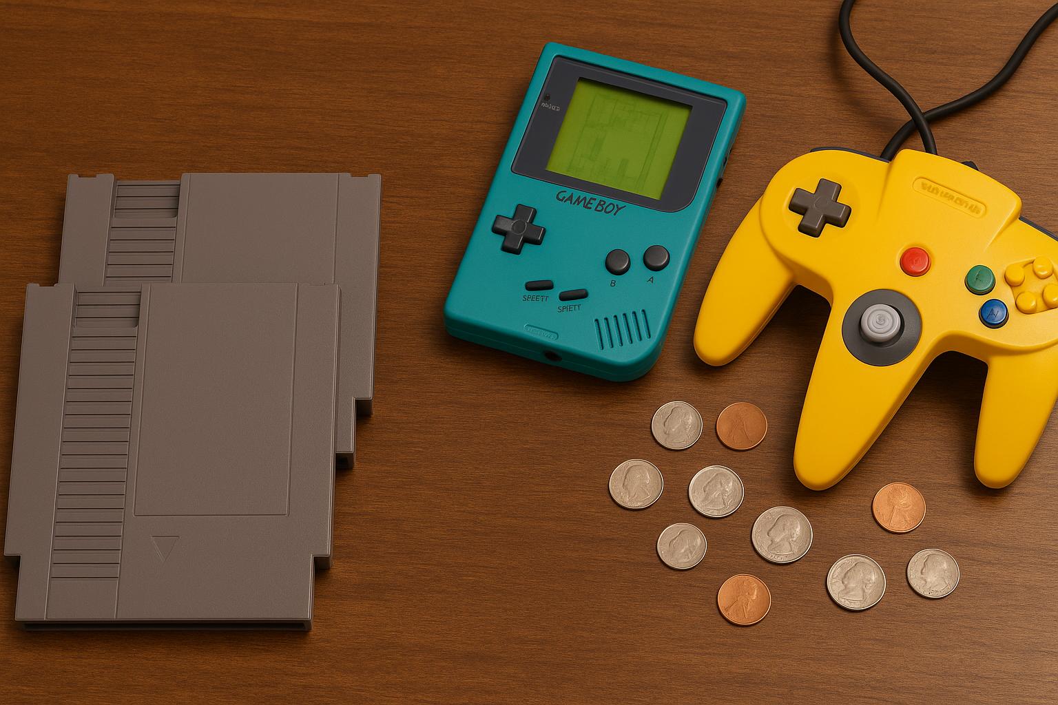 Szeroki, kolorowy stół z zabawkami w stylu retro przypominającymi gry z lat 90. – puste kartridże, kontroler w stylu Nintendo 64 i konsola podobna do Game Boya, bez logo ani nazw, w otoczeniu rozsypanych monet.