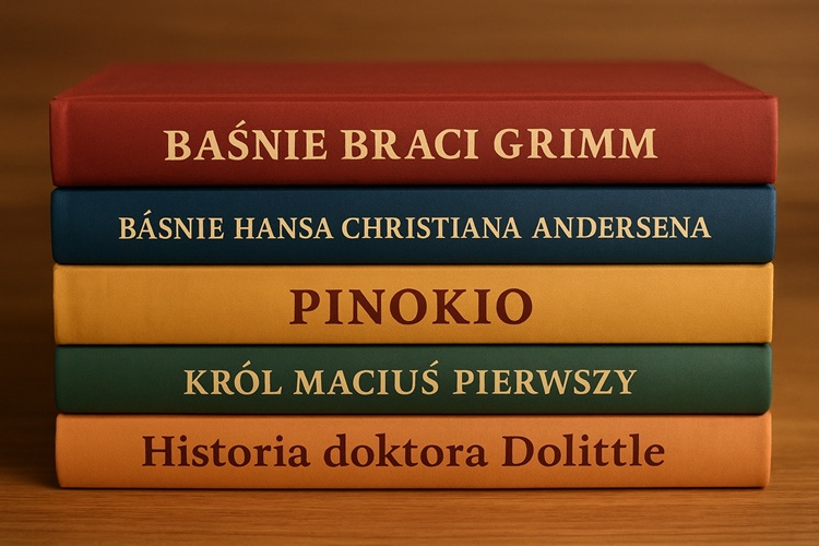 Stos pięciu klasycznych książek dla dzieci w języku polskim – Baśnie braci Grimm, Baśnie Hansa Christiana Andersena, Pinokio, Król Maciuś Pierwszy oraz Historia doktora Dolittle – ułożonych poziomo jedna na drugiej, w barwnych, twardych oprawach.