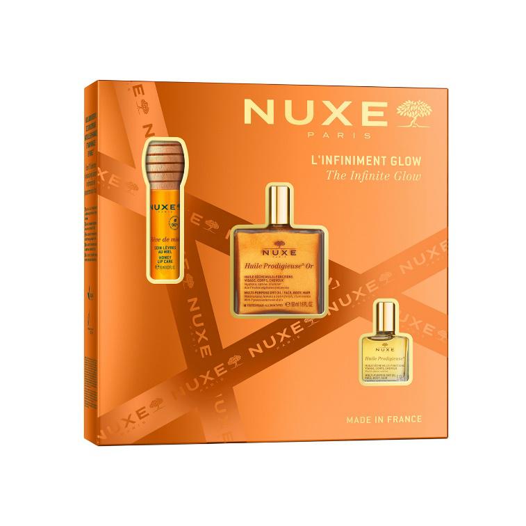 Zestaw GLOW Huile Prodigieuse® Or, 167 zł Zawiera: Huile Prodigieuse® Or 50 ml, Huile Prodigieuse® 10 ml, Rêve de Miel® Miodowy olejek do ust 10 ml.