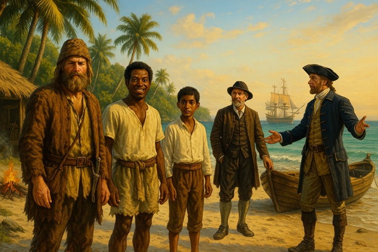 Robinson Crusoe, Piętaszek, Xury, kapitan portugalski i kapitan angielski na tropikalnej plaży, statek w tle.