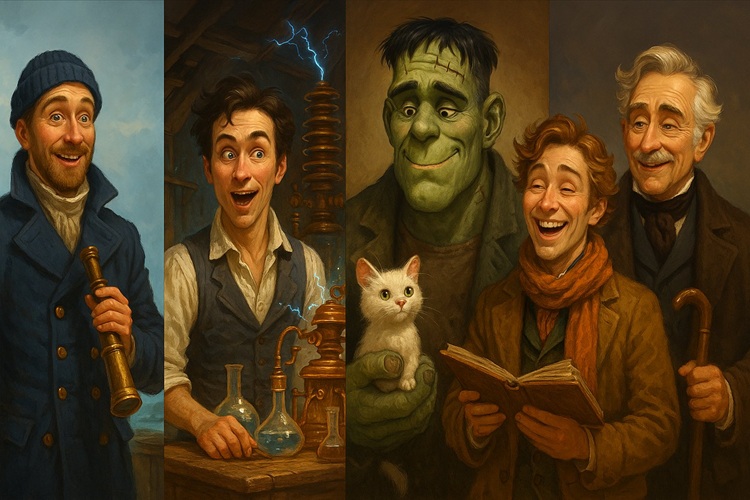 Kolorowa, pozioma ilustracja do quizu o „Frankensteinie” Mary Shelley: Victor Frankenstein, Stwór, Robert Walton, Henry Clerval i Alphonse Frankenstein.