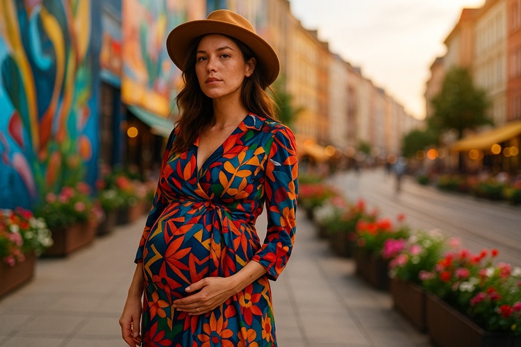 Trendy w ciąży – wzorzysta sukienka, złote dodatki, tło z muralami i kawiarniami.
