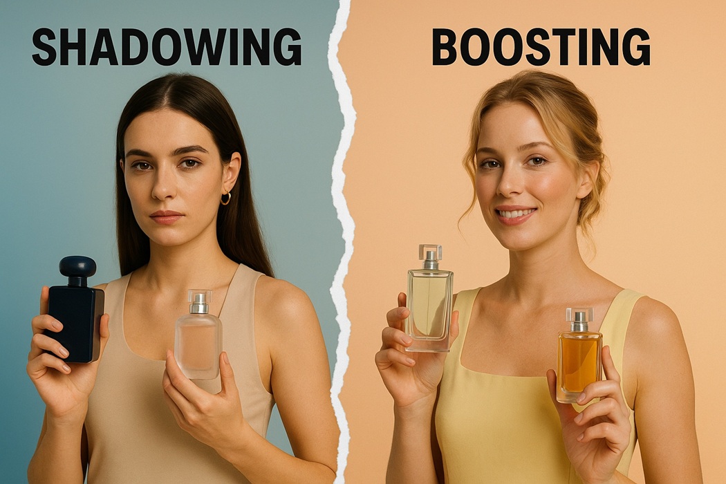 Porównanie technik layeringu perfum: shadowing z ciemnym i jasnym flakonem vs boosting z dwoma jasnymi flakonami; podział białą zygzakiem; zwiększanie trwałości zapachu.