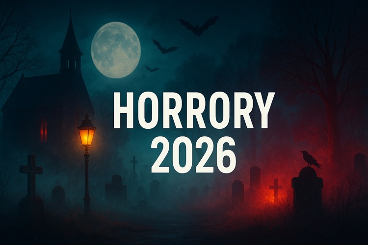 Horrory 2026 – kolorowa, szeroka grafika: nocny cmentarz we mgle, pełnia księżyca, nietoperze i latarnia; klimatyczna zapowiedź filmów grozy.