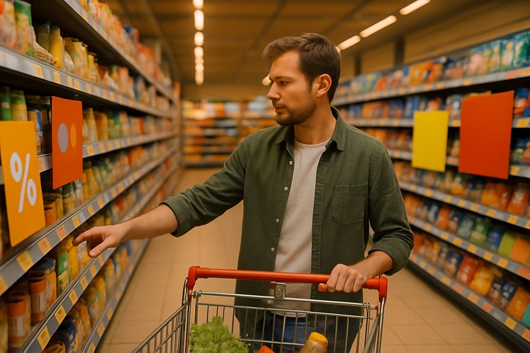Świadome zakupy – sprawdzanie etykiet i rabatów w alejce supermarketu.