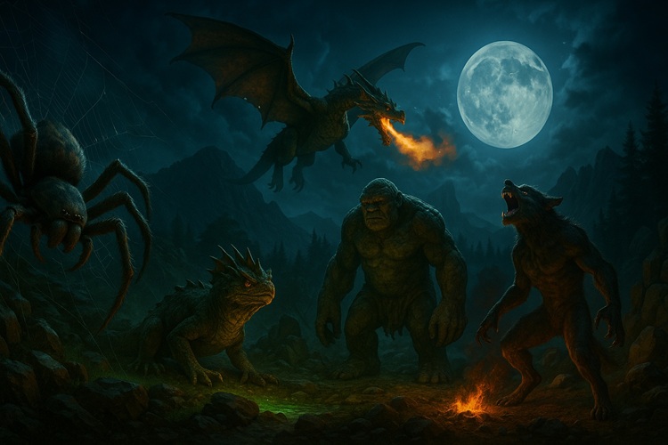Epicka scena fantasy – olbrzymi pająk na pajęczynie, smok w locie, bazyliszek, troll i wilkołak.